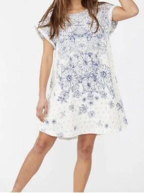 White Floral Embroidered Shift Dress with Blue Detailing
